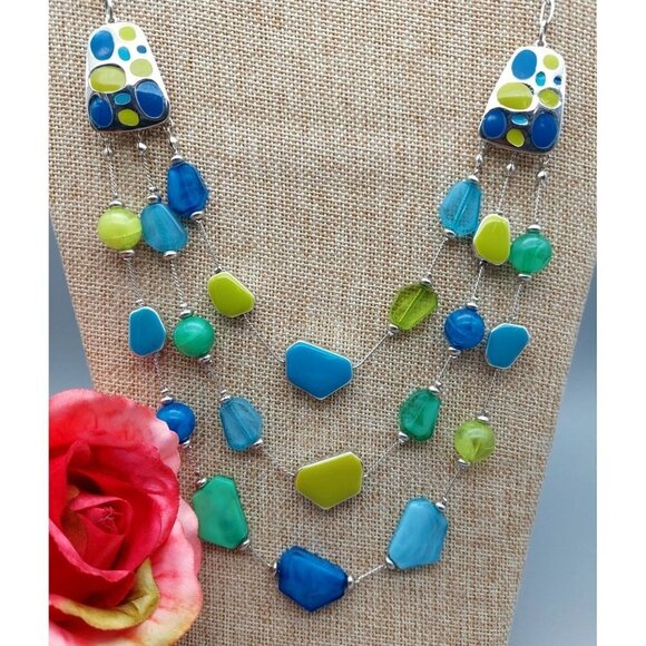Cute & Colorful Multi Strand Silver Tone Statement Necklace Blue & Green Beads - Picture 3 of 9